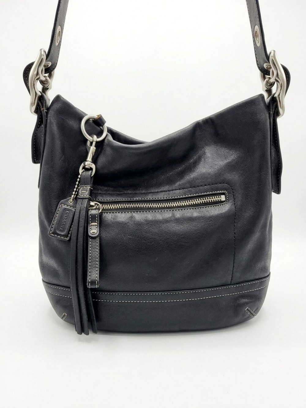 Vintage Coach Black Leather Shoulder Bag with Tassel Charm